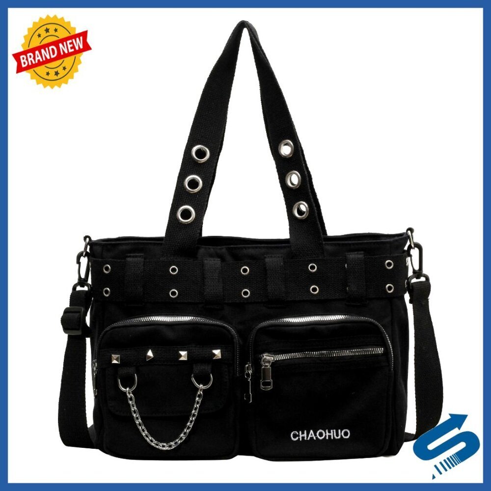 Canvas Tote Bag Y2K Gothic Skull Shoulder Bag Large Capacity Work Travel
